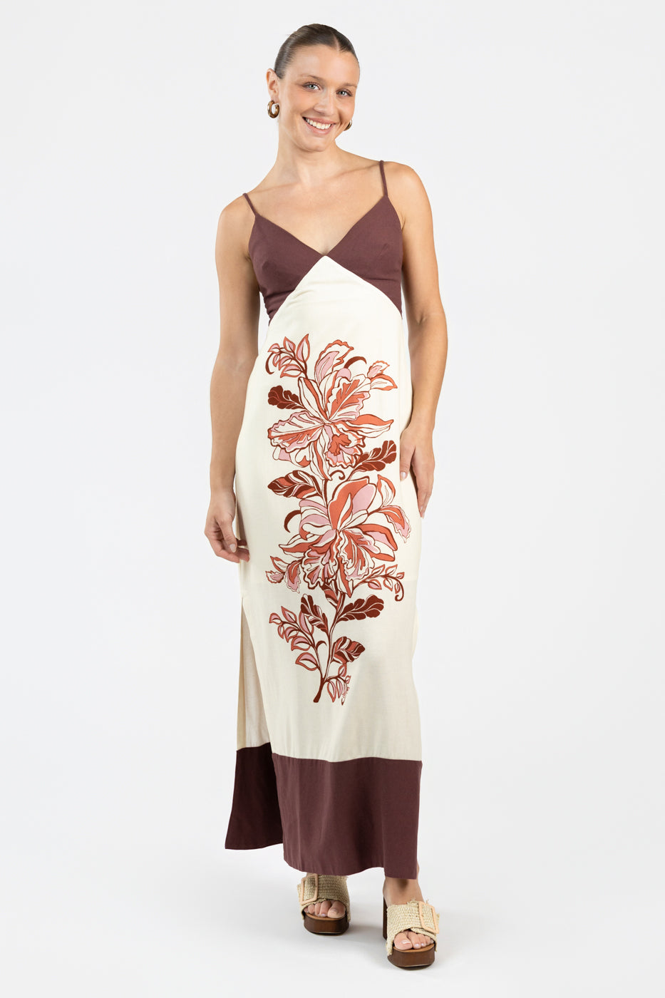 Ivory Brown Floral Maxi Dress