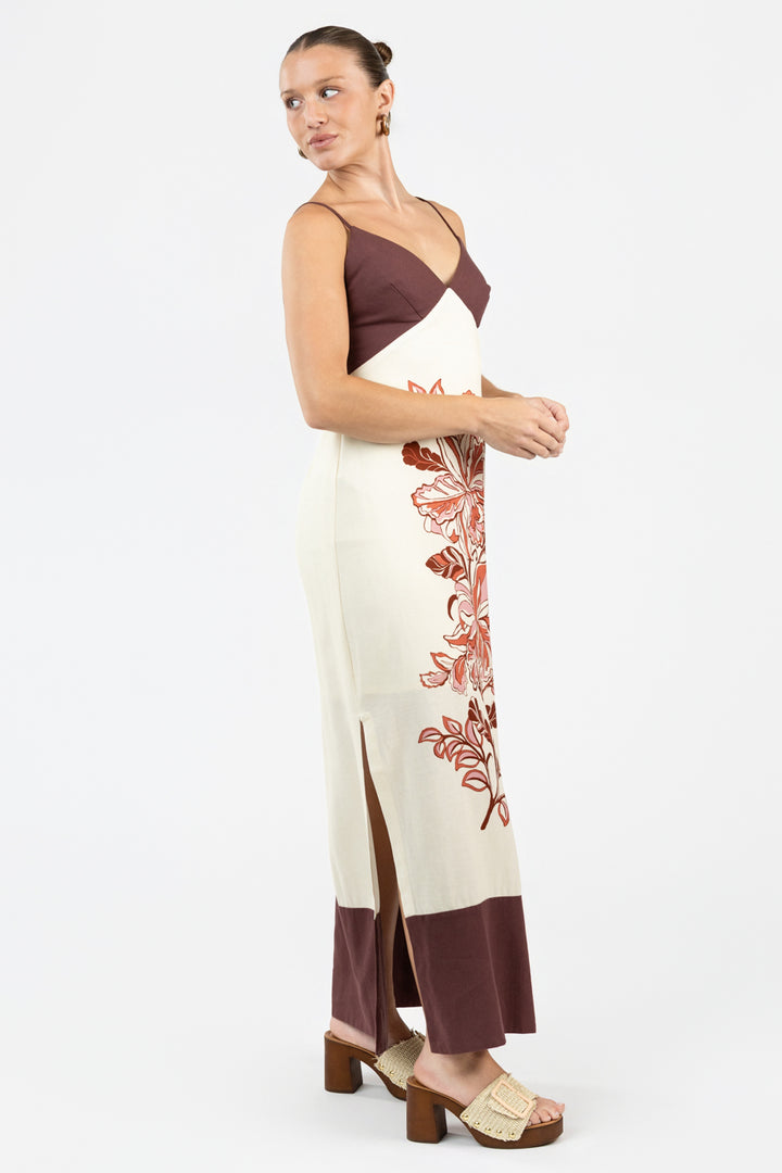 Ivory Brown Floral Maxi Dress