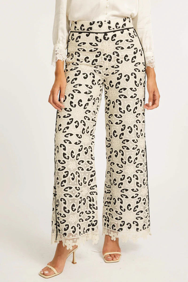 Ivory And Black Lace Crochet Celina Pant