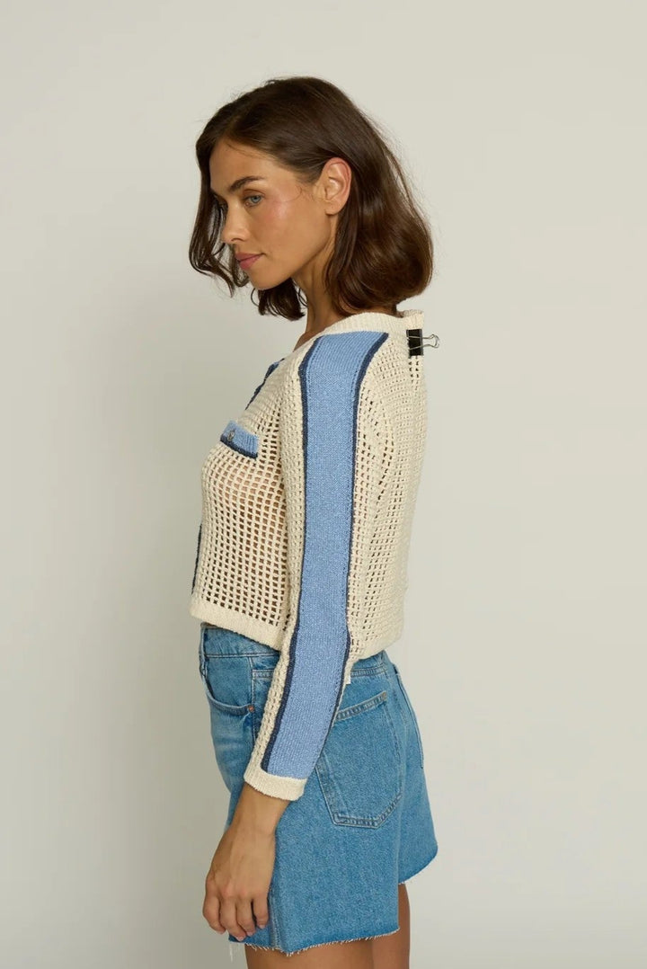 Ivory Blue Trim Mesh Stitch Cardigan
