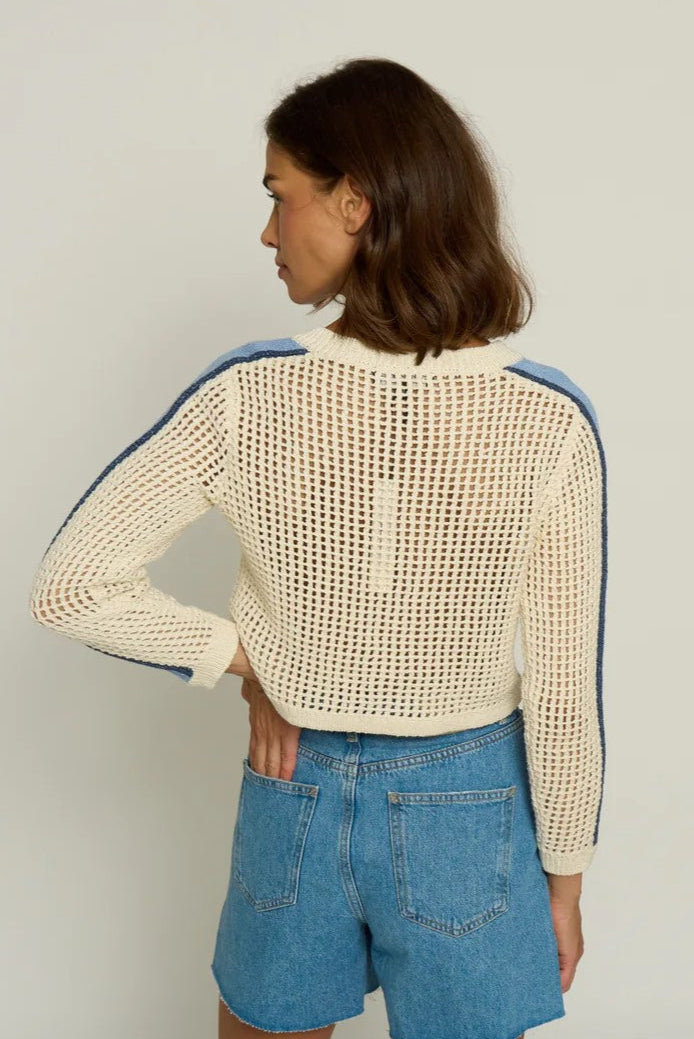 Ivory Blue Trim Mesh Stitch Cardigan