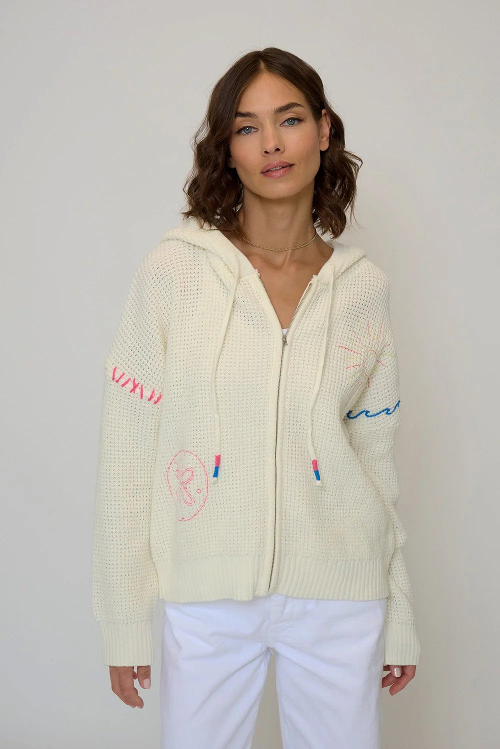 Ivory Graphic Stitching Zip Up Knit Hoodie