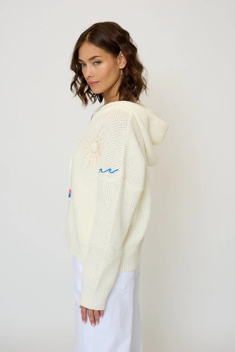 Ivory Graphic Stitching Zip Up Knit Hoodie