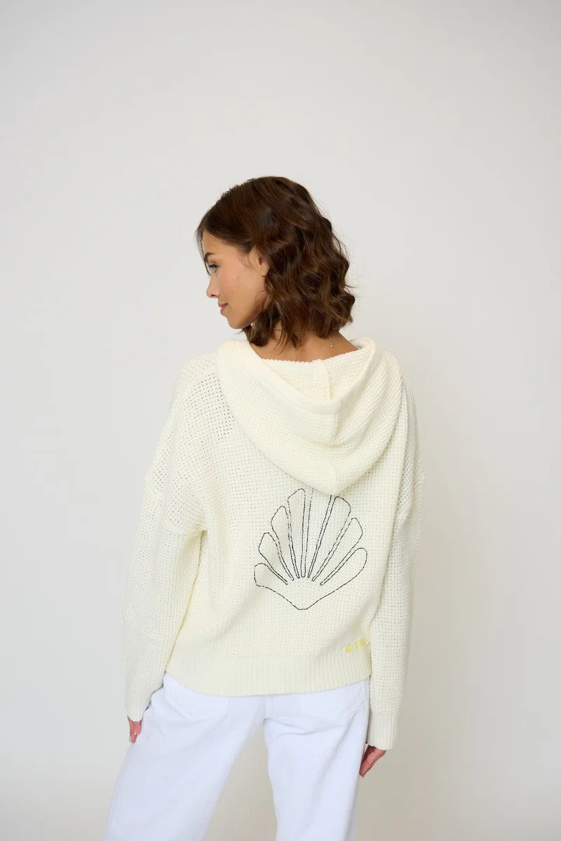 Ivory Graphic Stitching Zip Up Knit Hoodie