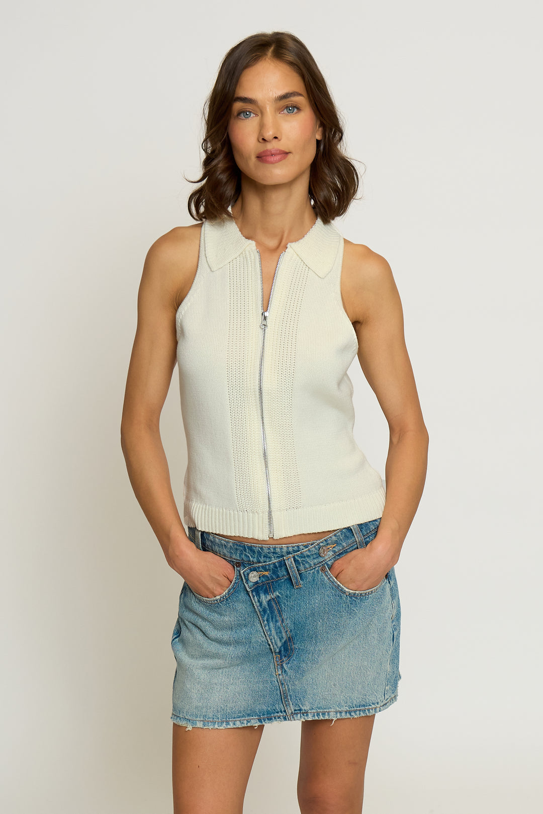 Ivory Sleeveless Zip Up Polo Top