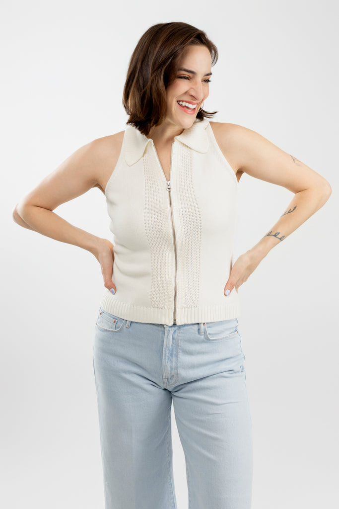 Ivory Sleeveless Zip Up Polo Top