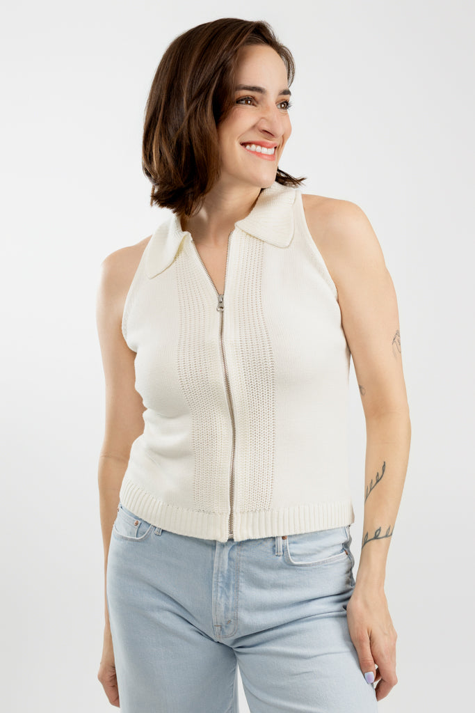 Ivory Sleeveless Zip Up Polo Top
