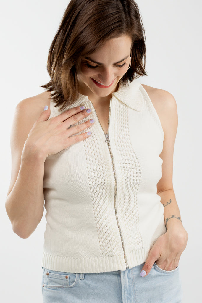 Ivory Sleeveless Zip Up Polo Top