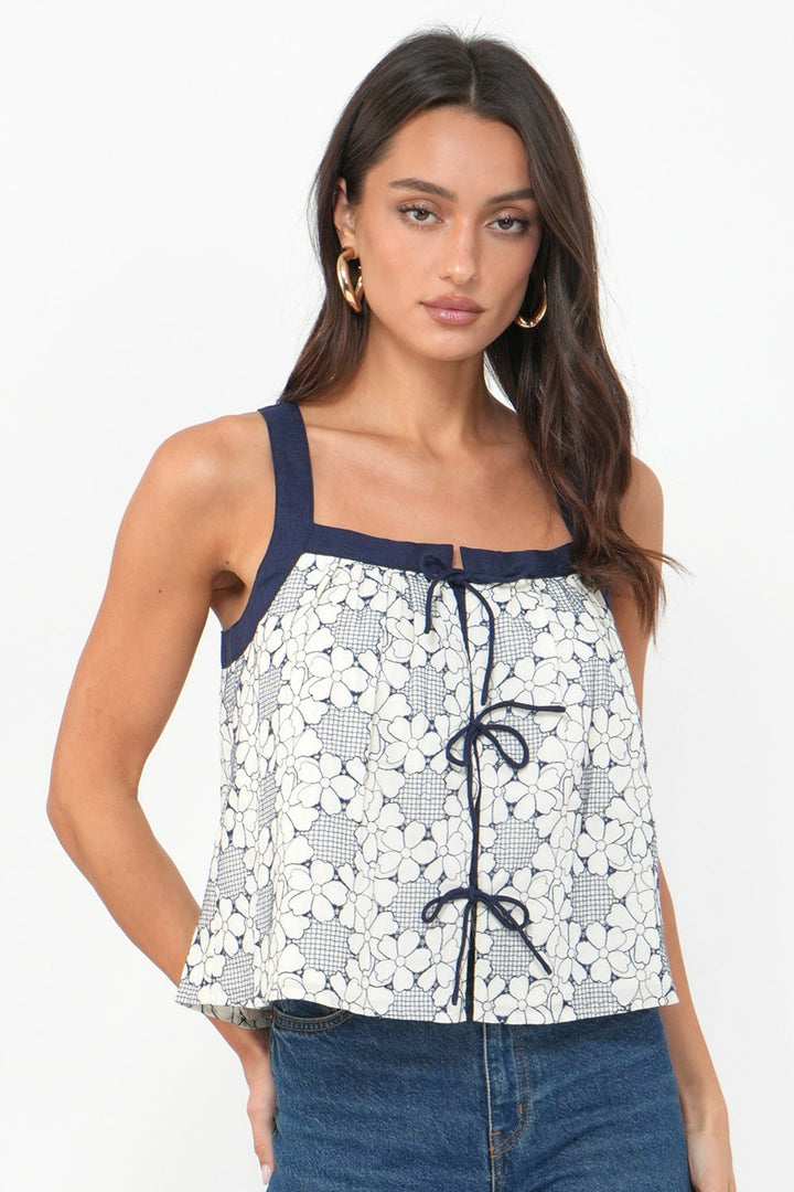 Laira Embroidered Tie Front Top
