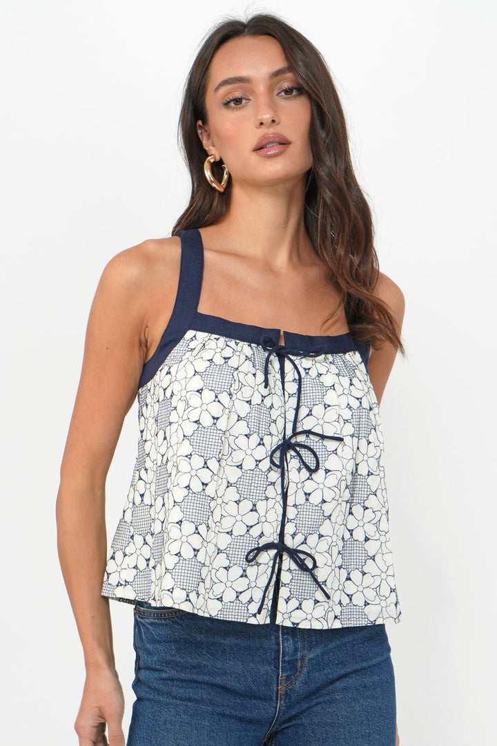 Laira Embroidered Tie Front Top