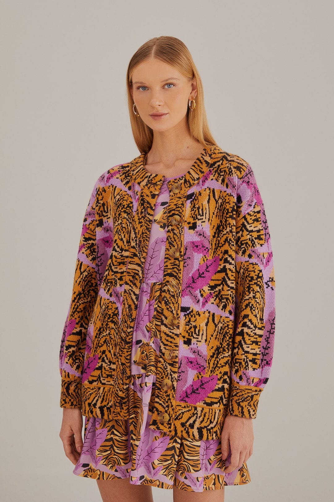 Lavender Tiger Leaves Print Knit Cardigan