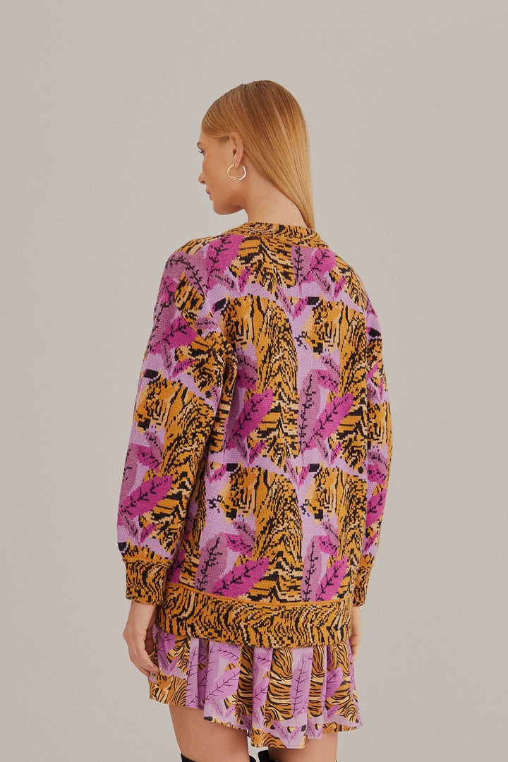 Lavender Tiger Leaves Print Knit Cardigan
