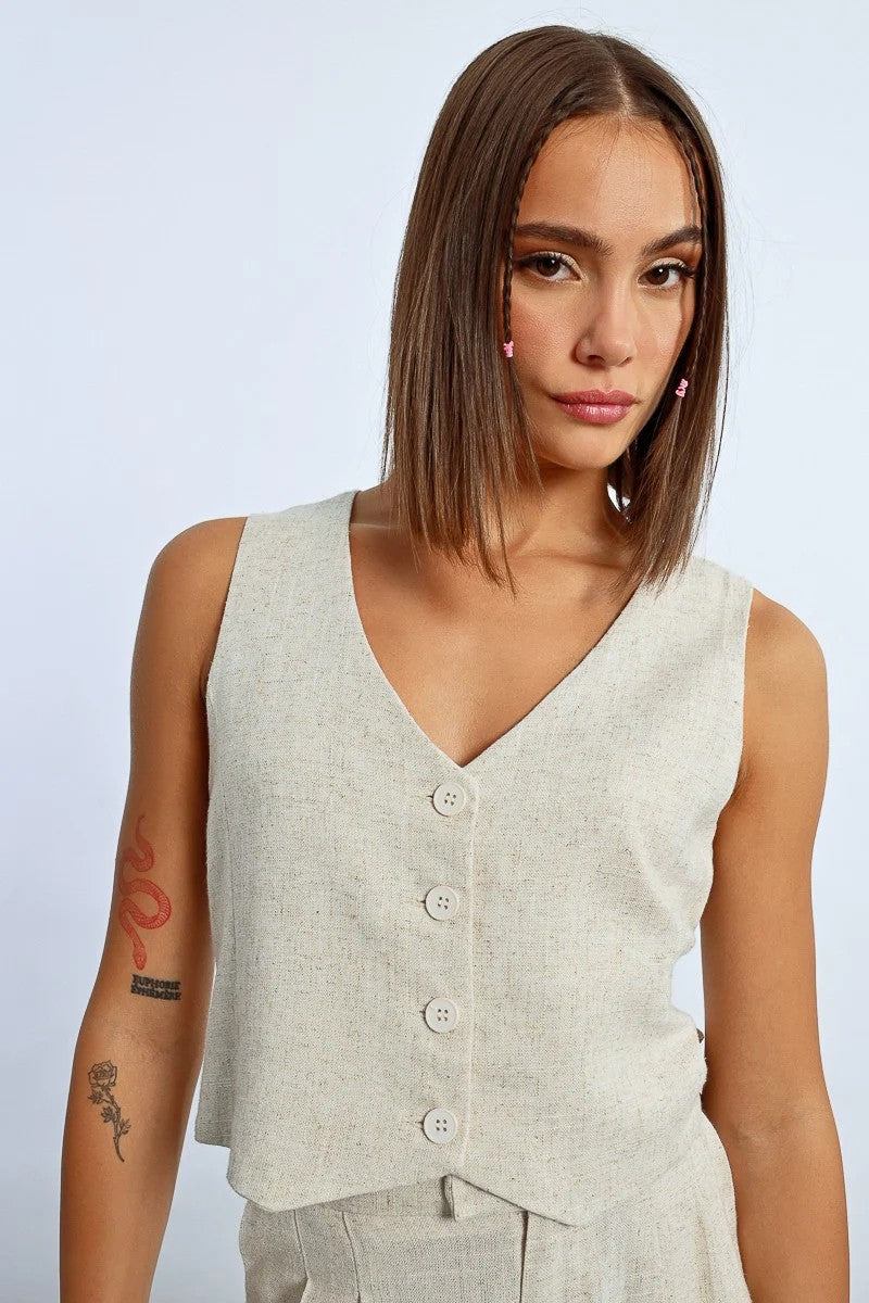 Light Beige Cropped Button Down Vest