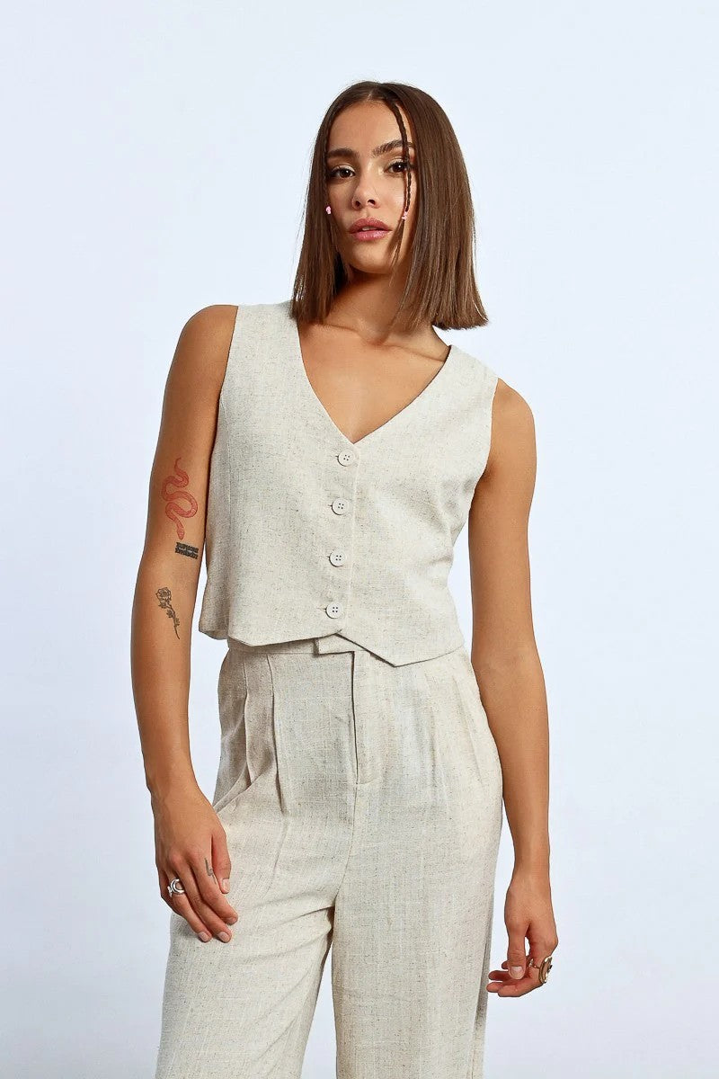 Light Beige Cropped Button Down Vest