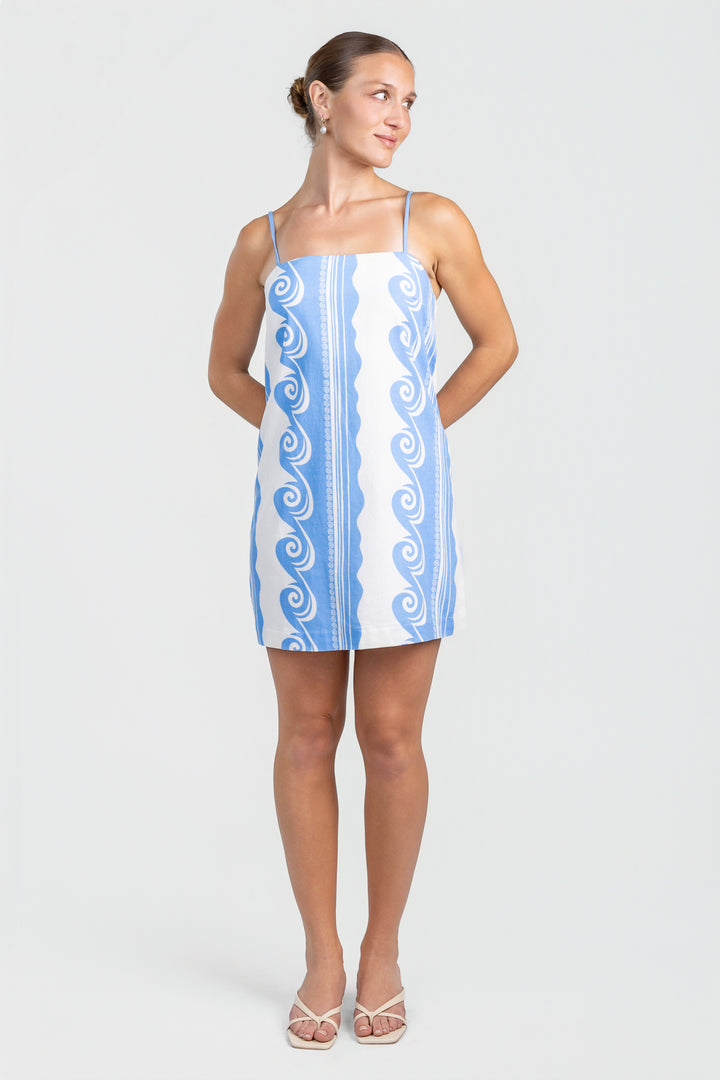 Light Blue White Ocean Print Spaghetti Strap Mini Dress