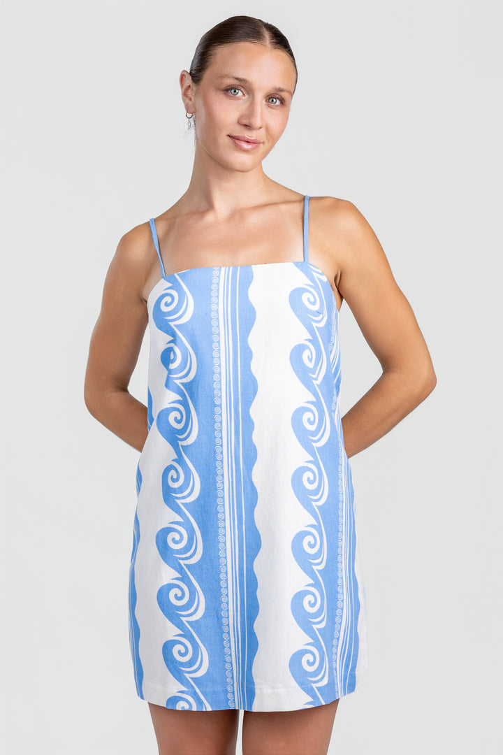 Light Blue White Ocean Print Spaghetti Strap Mini Dress