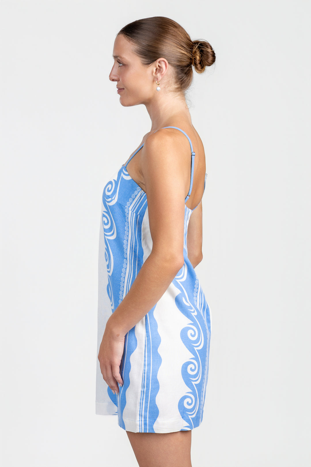 Light Blue White Ocean Print Spaghetti Strap Mini Dress