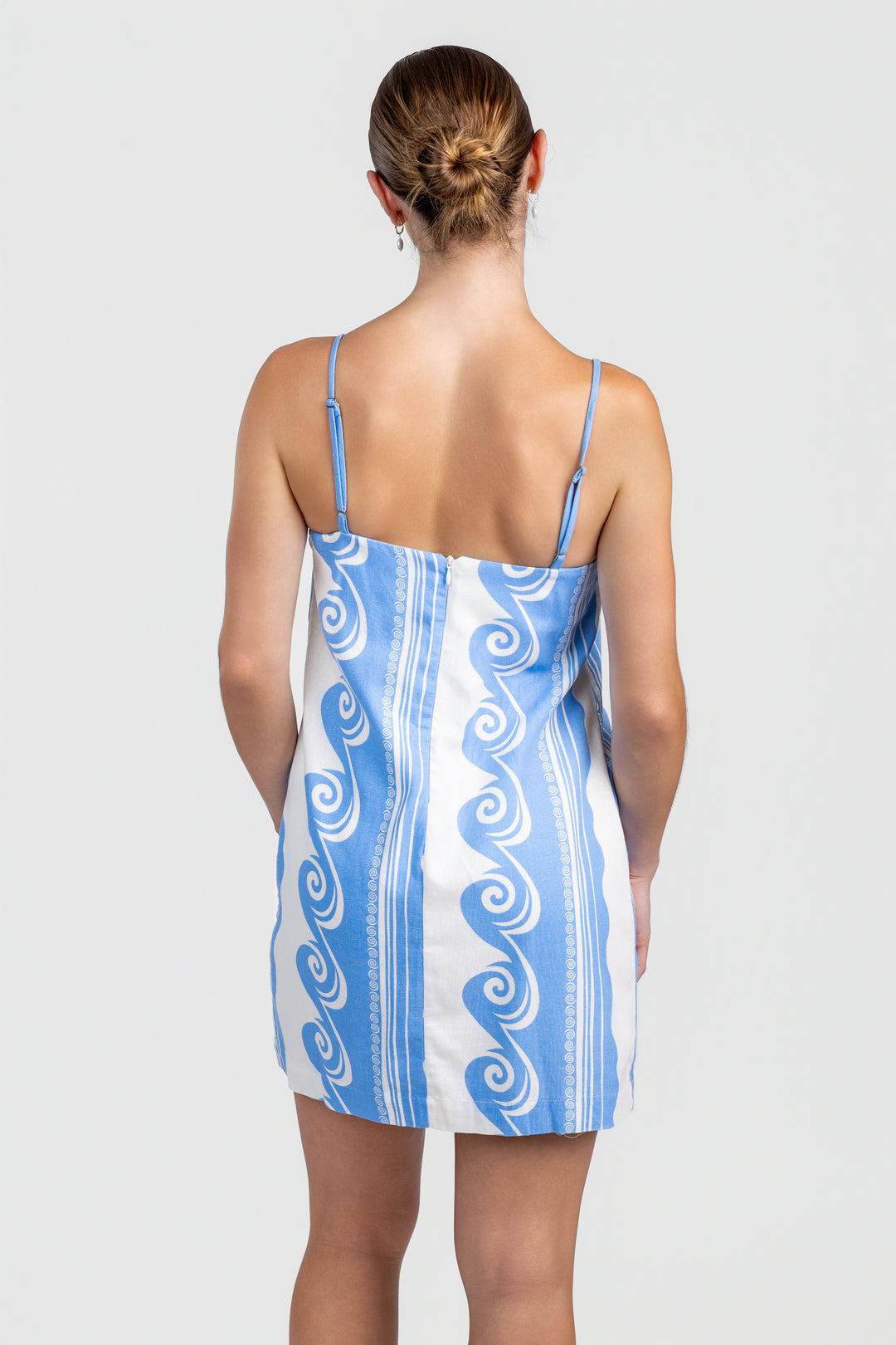 Light Blue White Ocean Print Spaghetti Strap Mini Dress