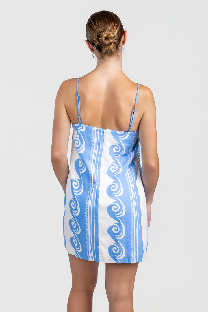 Light Blue White Ocean Print Spaghetti Strap Mini Dress