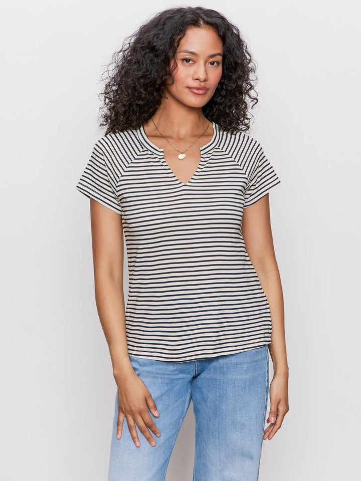 Black Stripe Notch Neck Tee