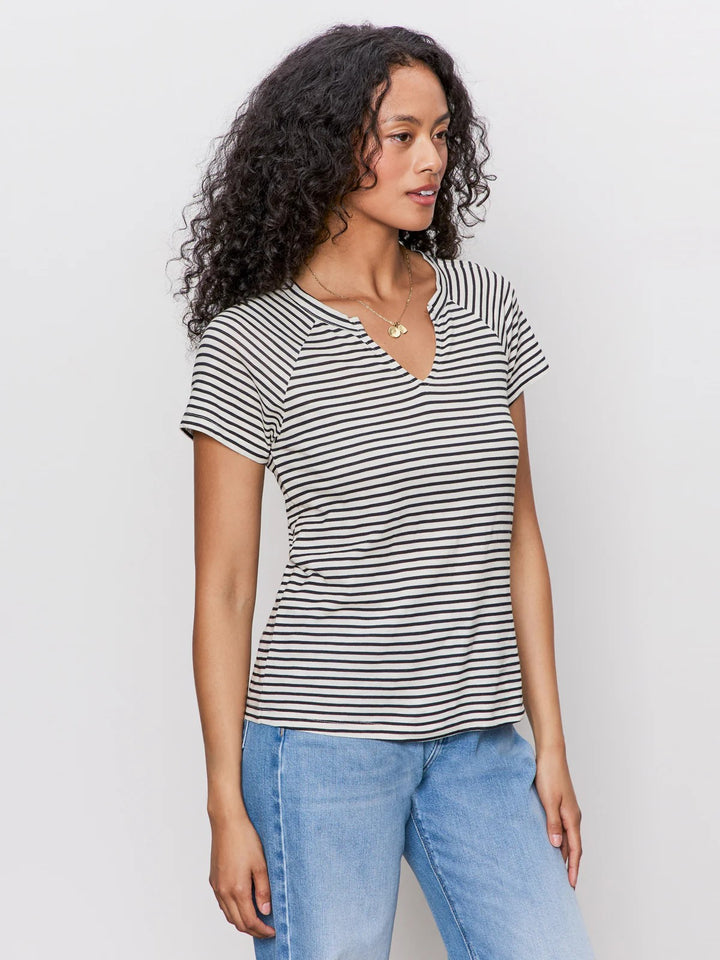 Black Stripe Notch Neck Tee
