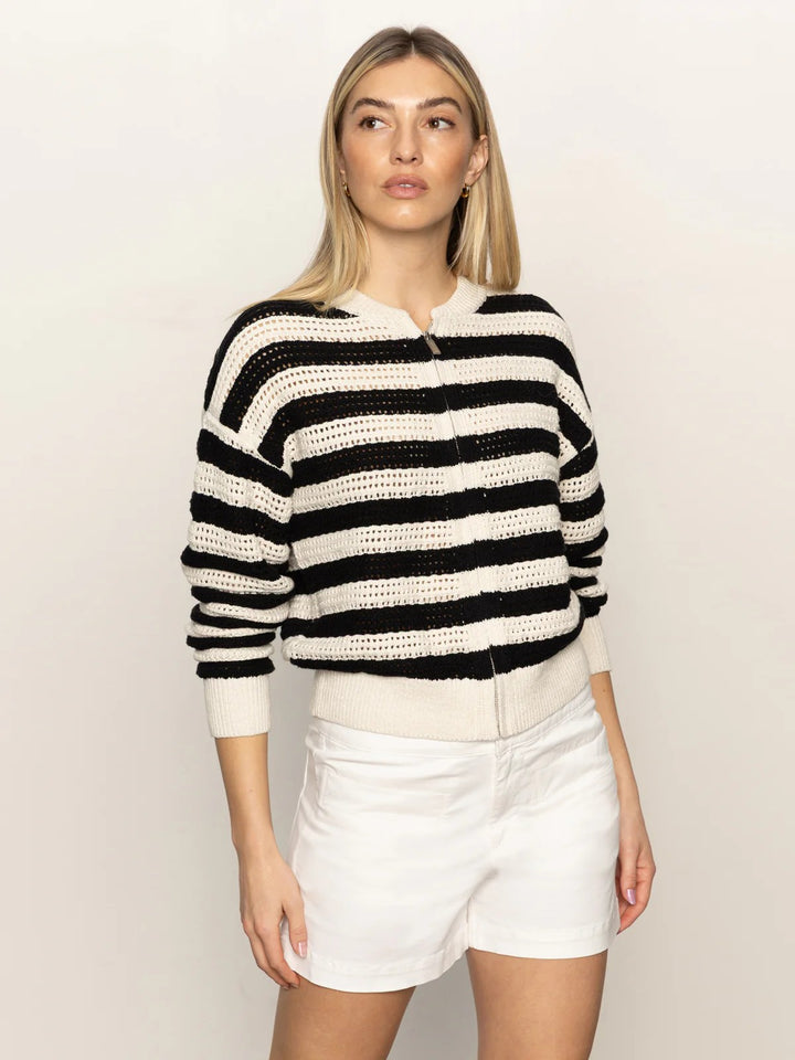 Macrame Black Stripe Open Knit Bomber Jacket