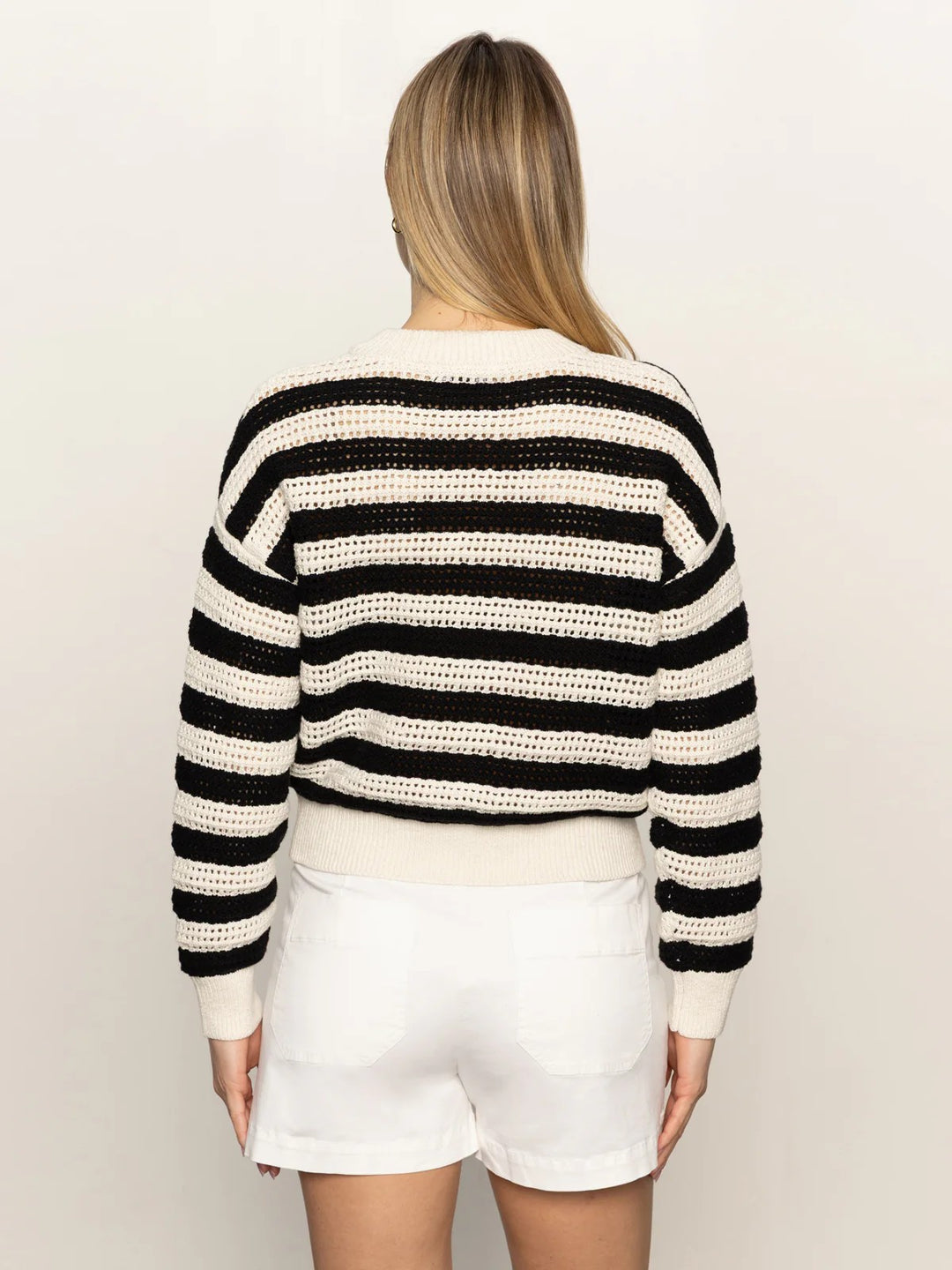 Macrame Black Stripe Open Knit Bomber Jacket