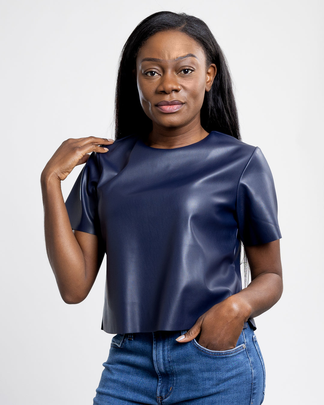 Marine Blue Faux Leather Ezra Top