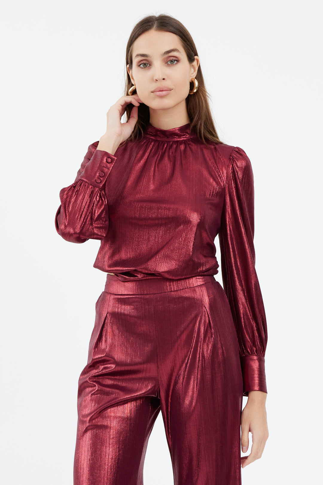 Merlot Metallic Mock Neck Rheanna Blouse