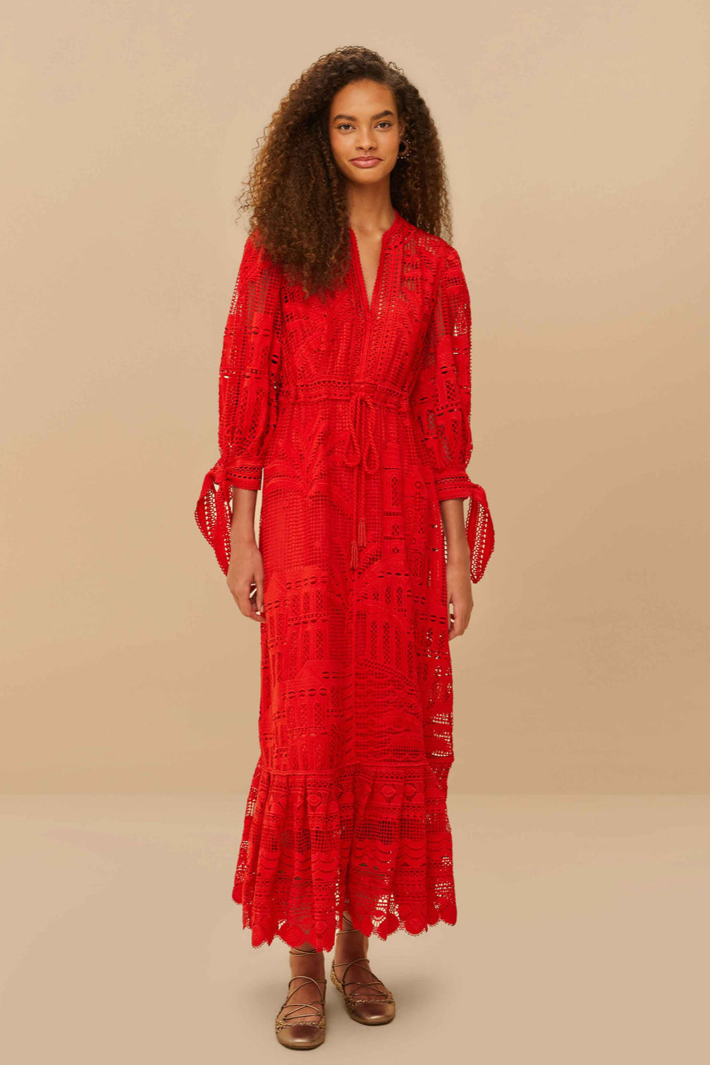 Morada Boa Red Guipure Lace Maxi Dress