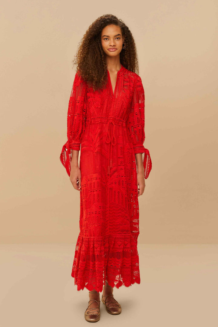Morada Boa Red Guipure Lace Maxi Dress