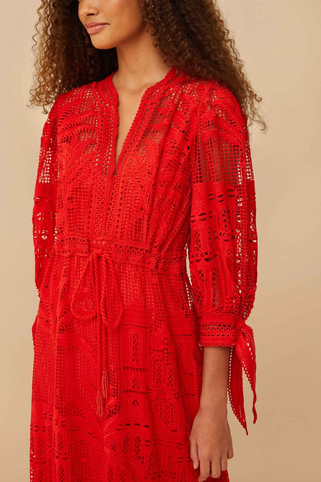 Morada Boa Red Guipure Lace Maxi Dress