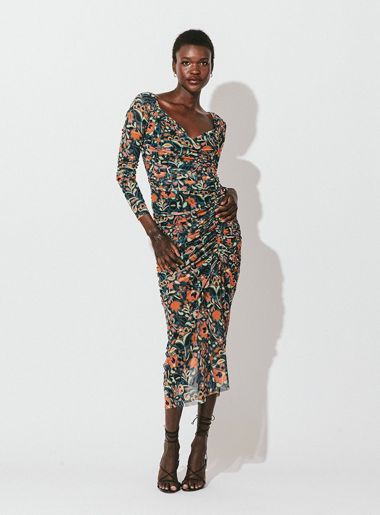 Multi Color Print Mesh Macey Midi Dress