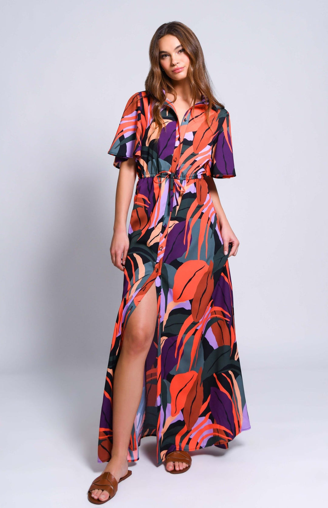Tropical Leaves Print Layton Maxi Shirt Dress