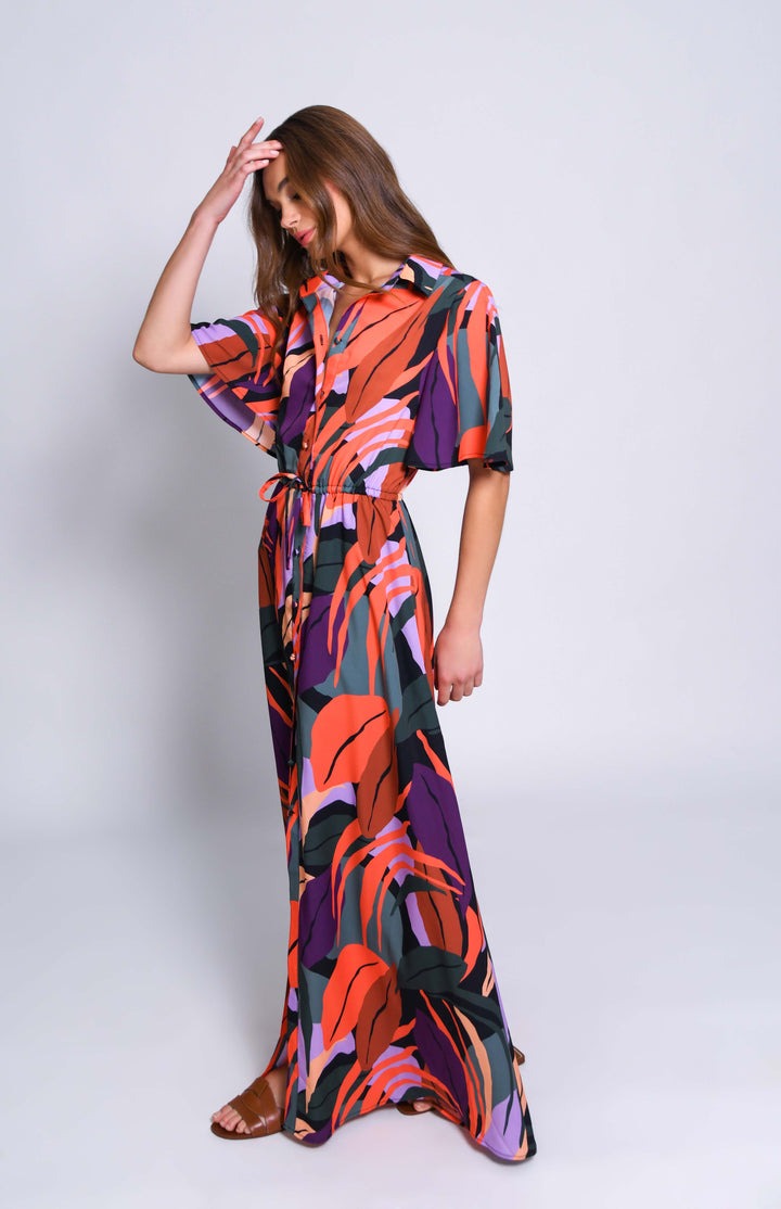 Tropical Leaves Print Layton Maxi Shirt Dress