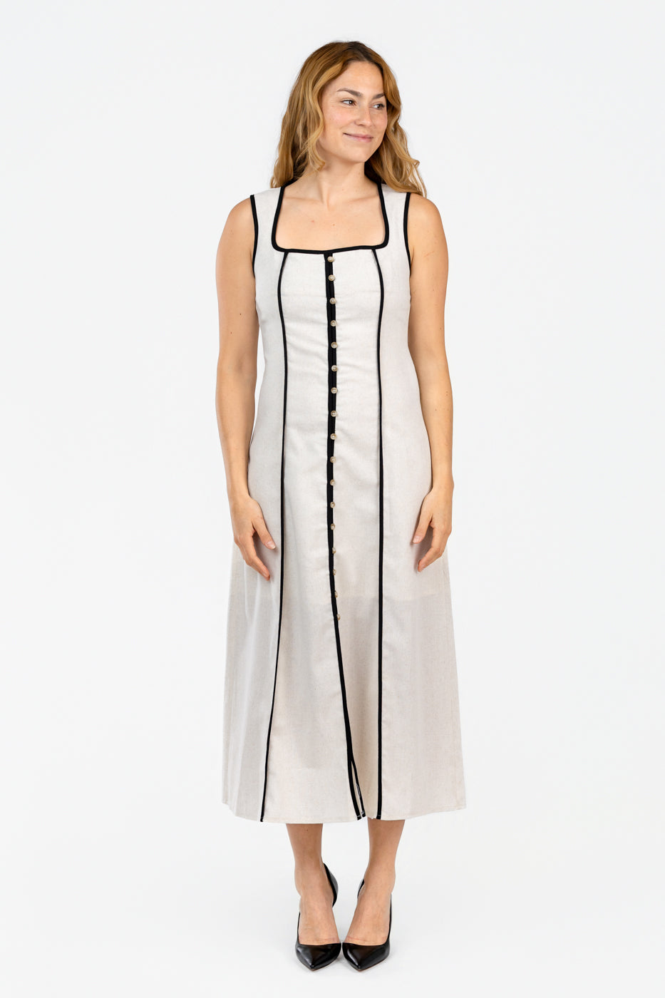 Natural Black Piping Midi Dress