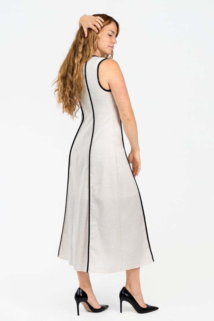 Natural Black Piping Midi Dress