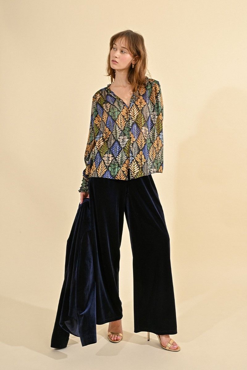 Navy Blue Velvet Wide Leg Pant