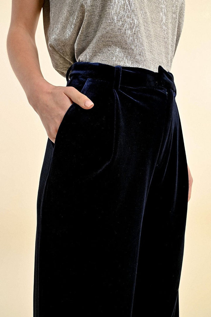 Navy Blue Velvet Wide Leg Pant