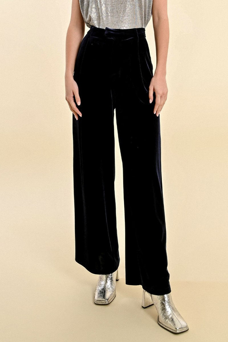 Navy Blue Velvet Wide Leg Pant