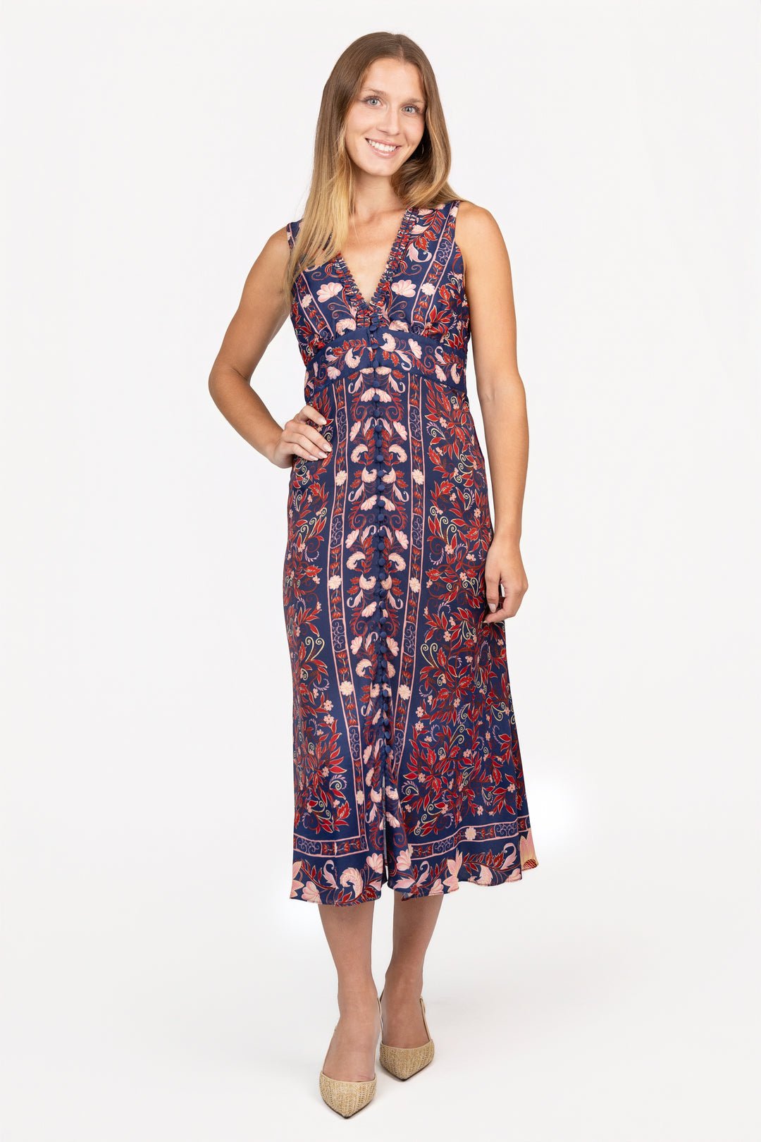Navy Boho Floral Midi Dress