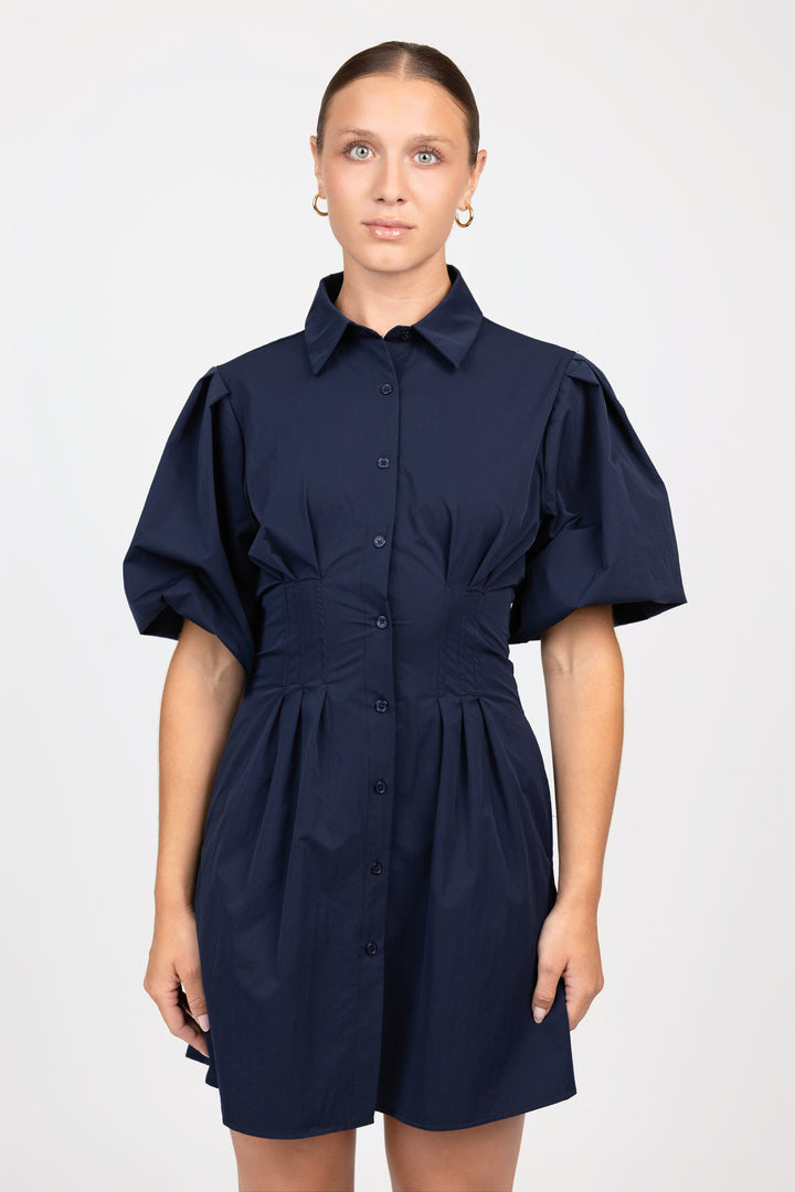 Navy Bubble Sleeve Jacquelin Dress