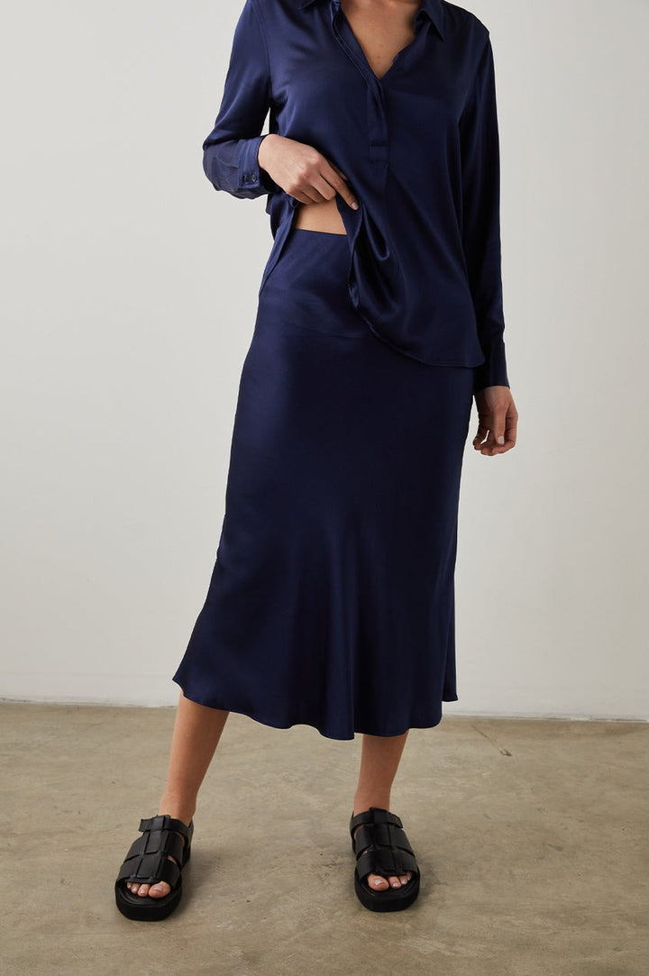 Navy Satin Anya Midi Skirt