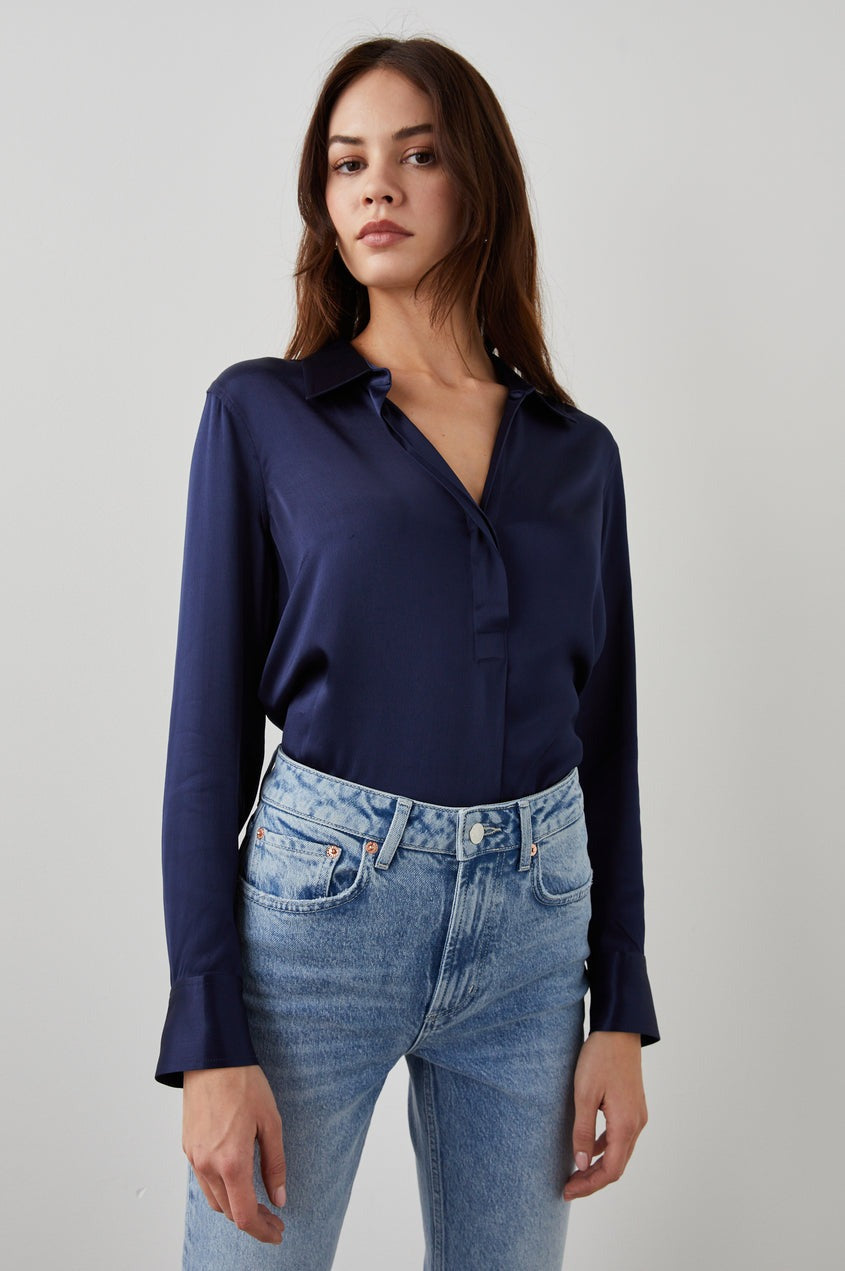 Navy Satin Long Sleeve Nissa Top