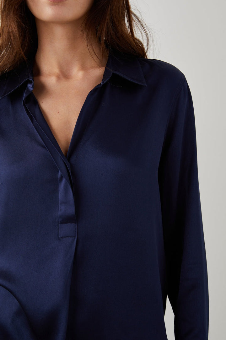 Navy Satin Long Sleeve Nissa Top