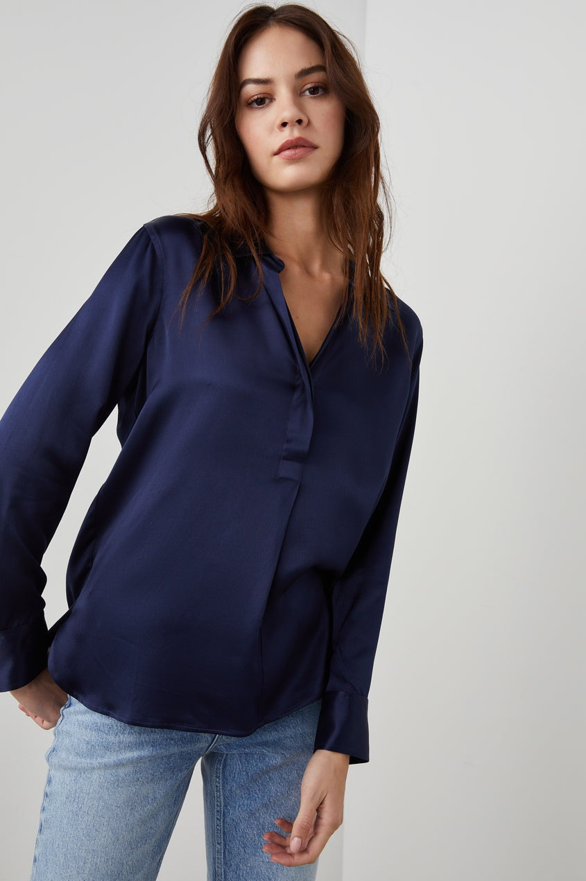 Navy Satin Long Sleeve Nissa Top