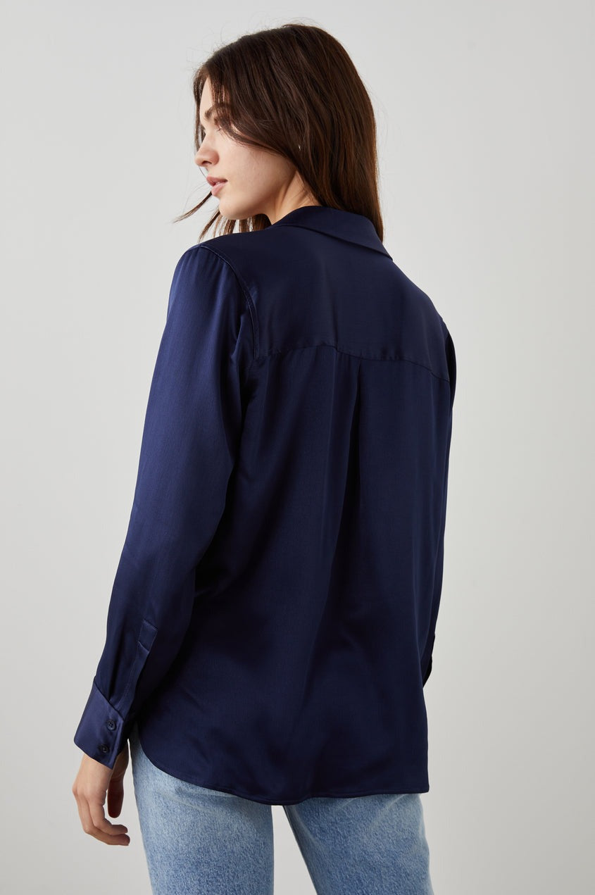 Navy Satin Long Sleeve Nissa Top