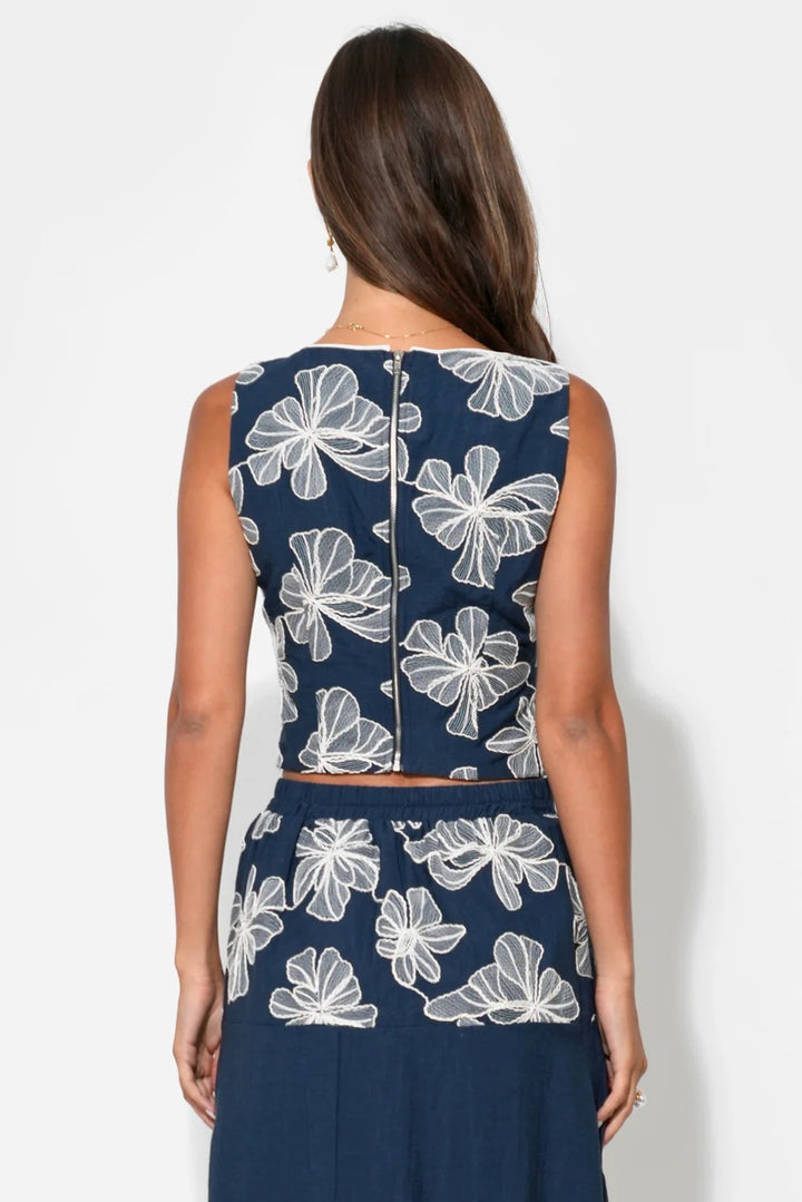Navy Cream Embroidery Rosalie Top