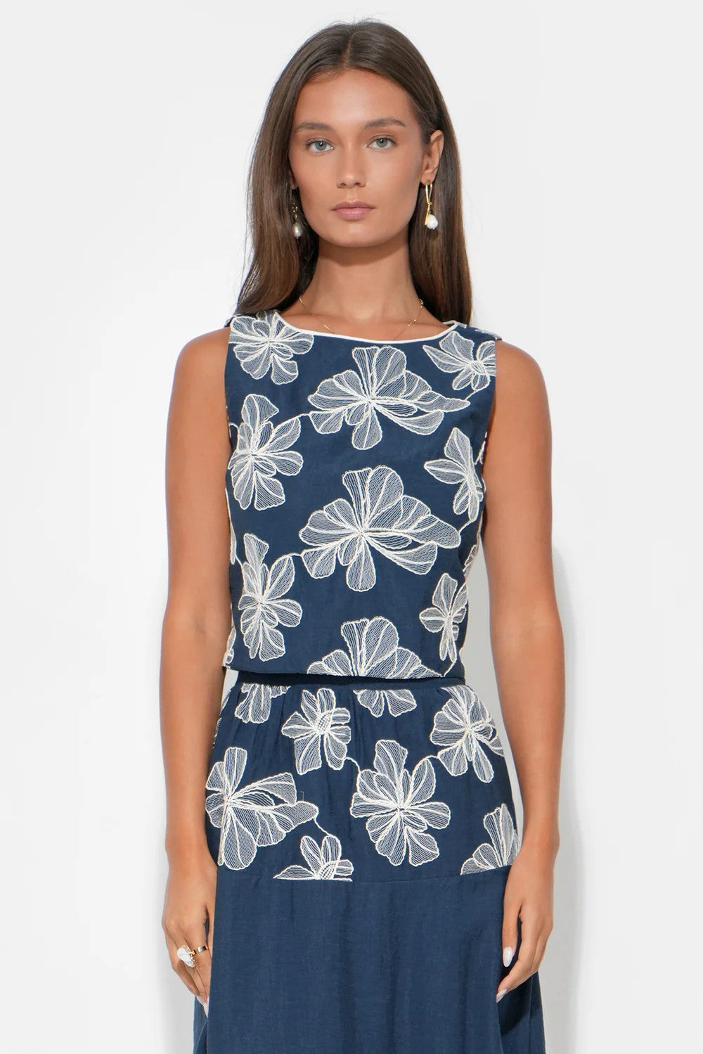 Navy Cream Embroidery Rosalie Top