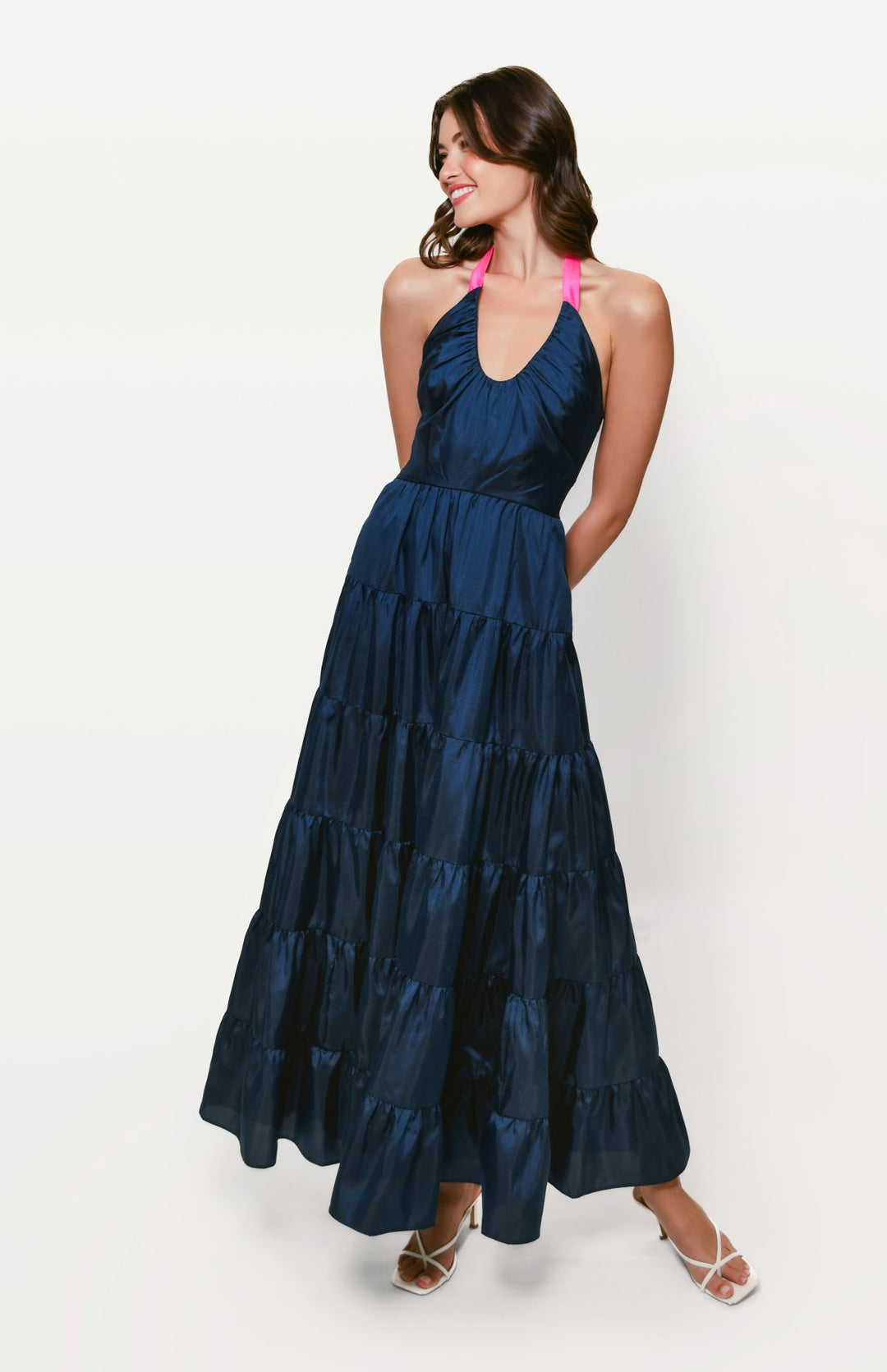 Navy Halter Neck Tiered Vena Maxi Dress